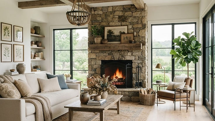 Modern farmhouse living room with rustic faux oak beams across a white ceiling, a linen sofa, a stone fireplace and large windows in soft daylight