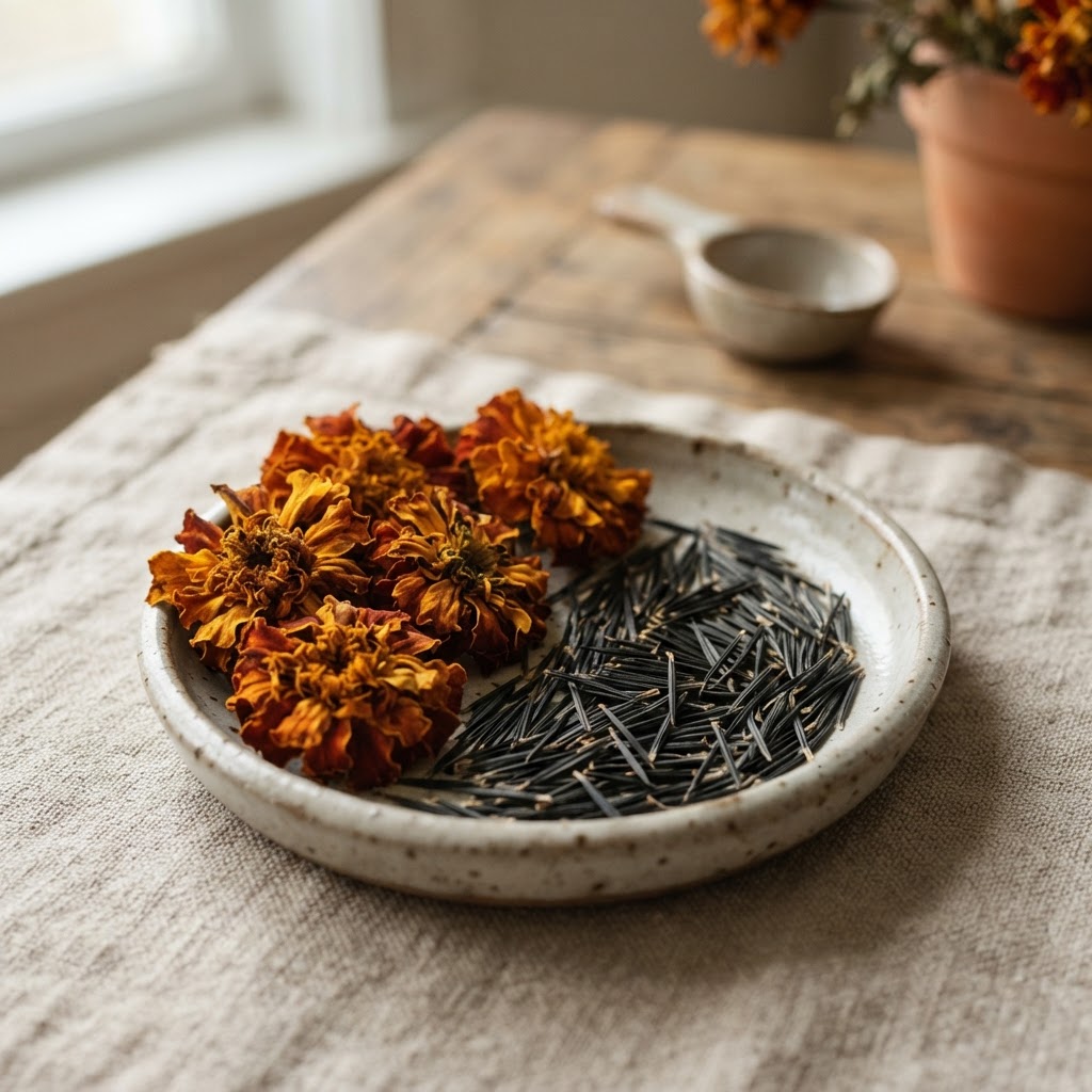 Dried marigold flower heads and long thin black seeds in a small ceramic dish