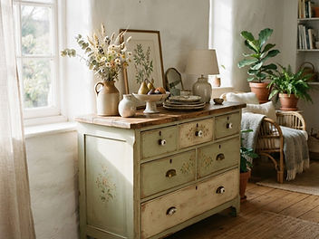 Upcycled vintage chest of drawers painted sage green with hand-painted details, styled with dried flowers and plants in a bright living room