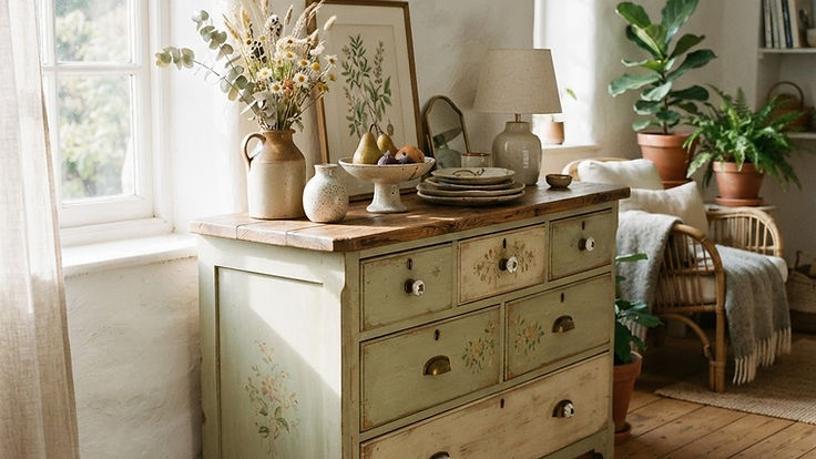Upcycled vintage chest of drawers painted sage green with hand-painted details, styled with dried flowers and plants in a bright living room