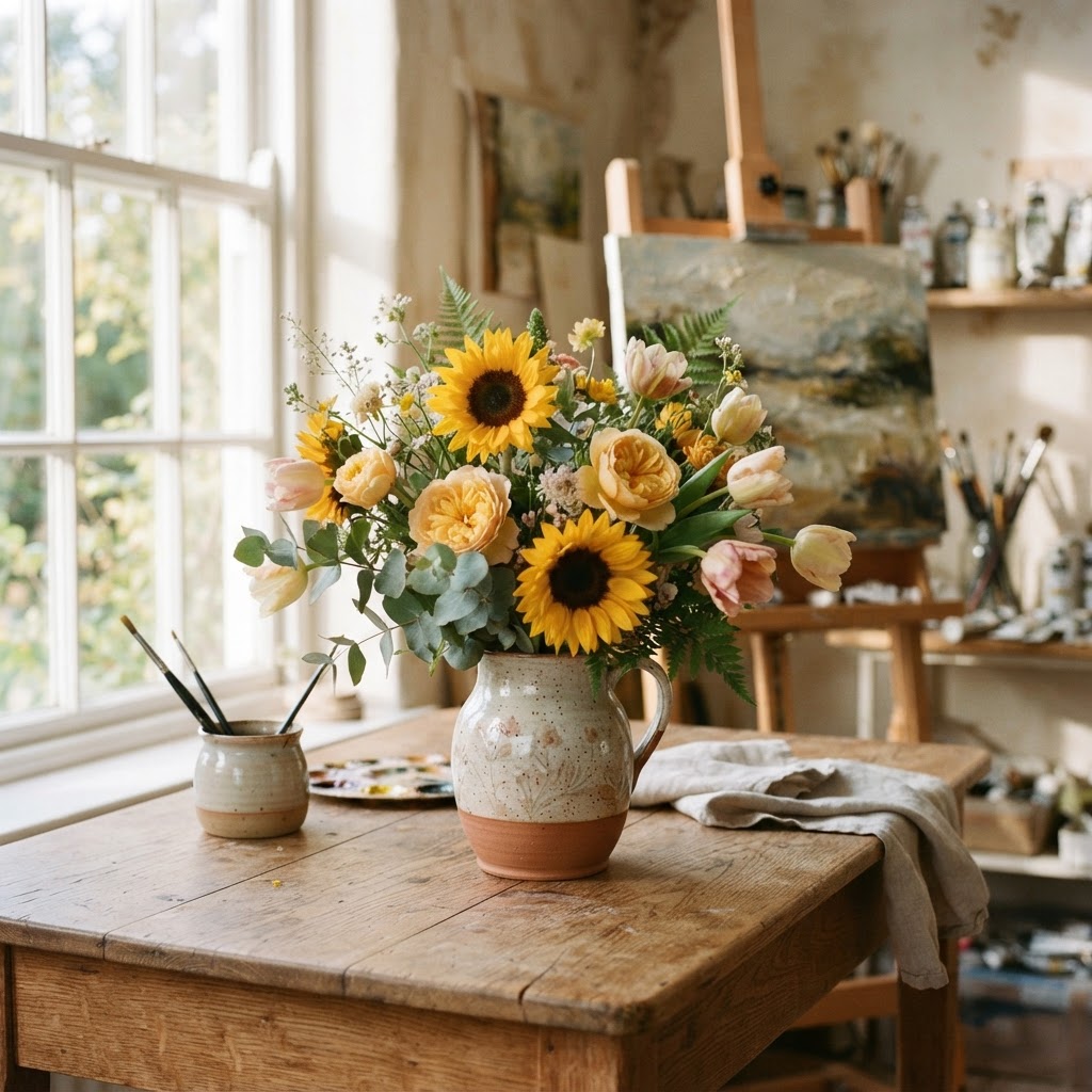 Speckled ceramic jug of sunflowers, peach roses and tulips on a rustic wooden table by a window in an artist's studio, with brushes and an easel in the background