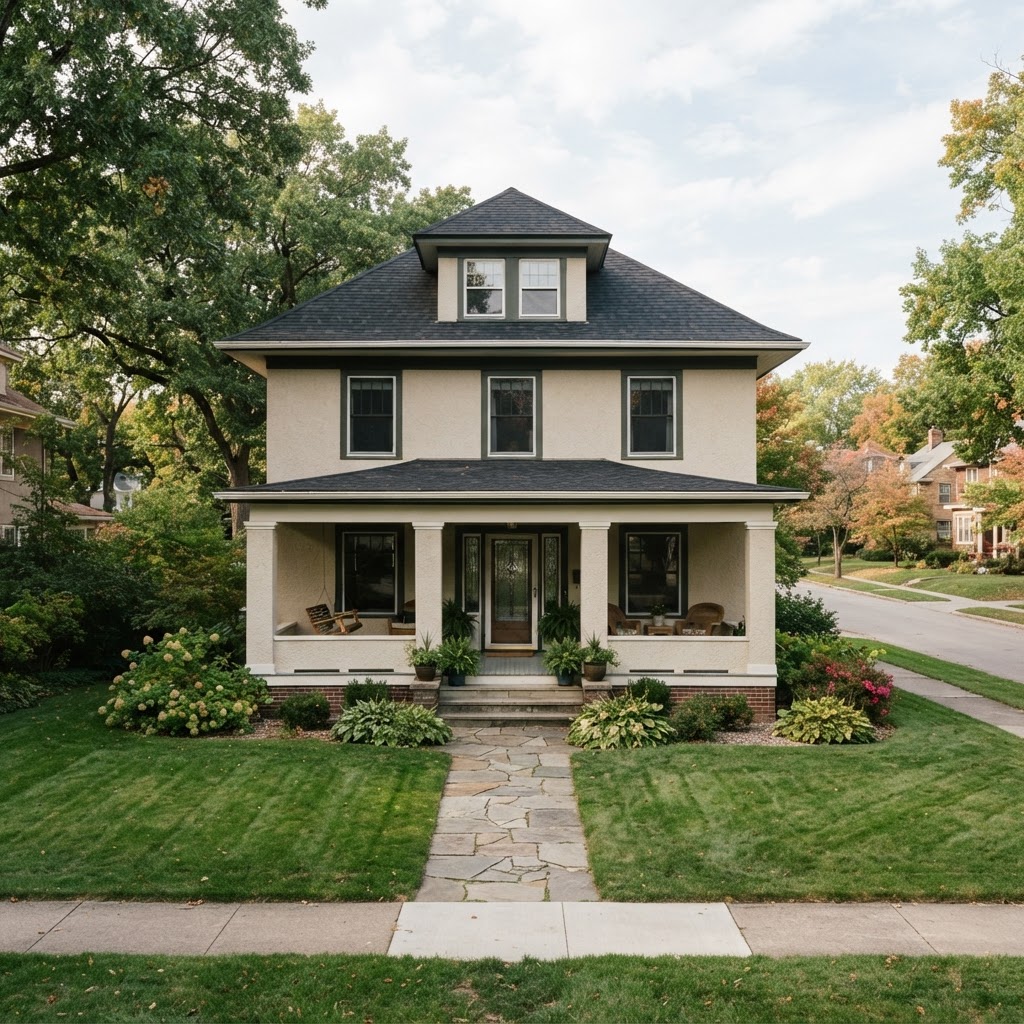 1920s American Foursquare house with a hipped roof, central dormer and wide front porch