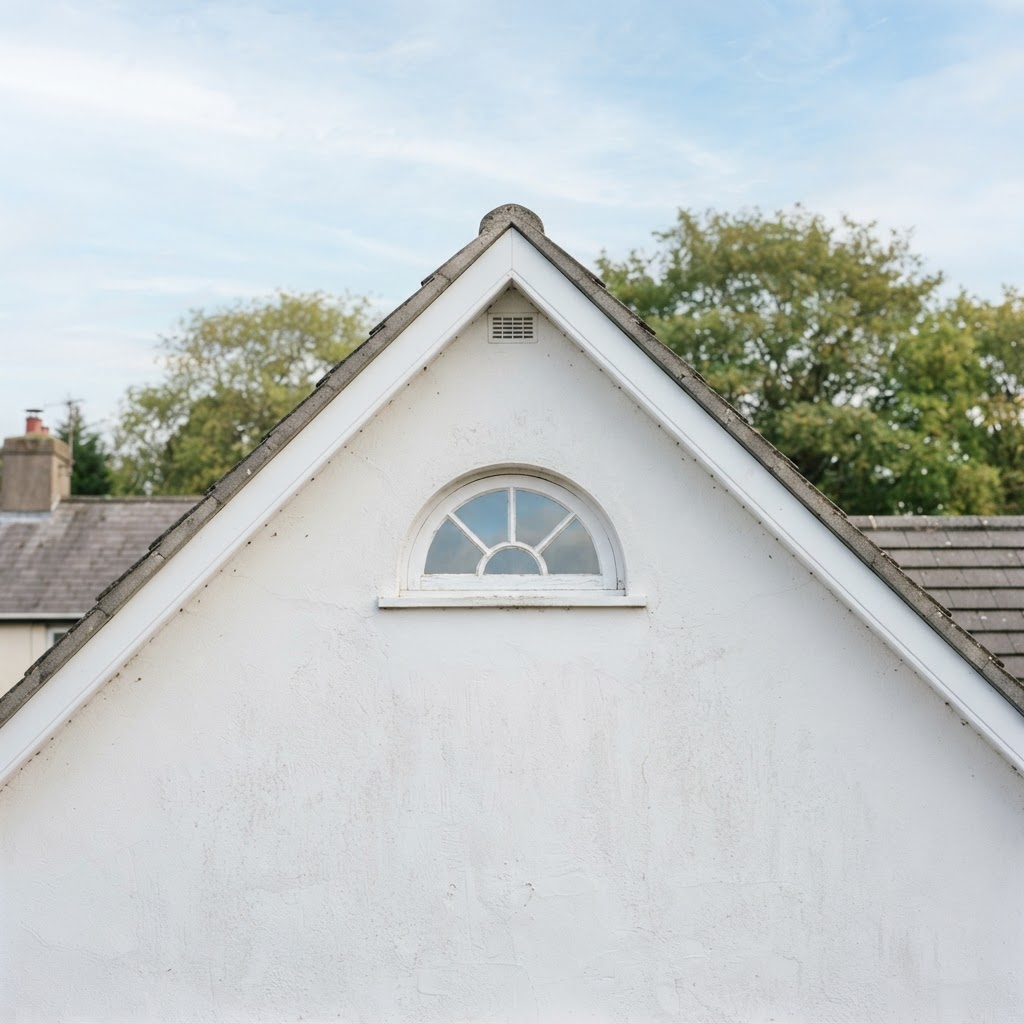 Small half-round window in the gable of a white rendered cottage