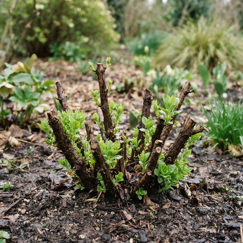 Butterfly bush hard pruned in early spring with short woody stems and fresh new green shoots