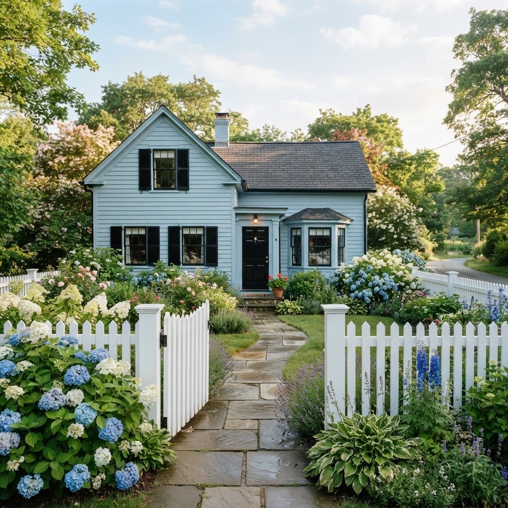 Light blue clapboard cottage with black shutters, black window trim and a glossy black front door, behind a white picket fence and gate with blue hydrangeas and a stone path