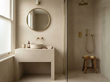Spa-like bathroom finished in seamless warm greige microcement on the walls, floor and a built-in vanity, with a walk-in shower, brushed brass fittings, a round mirror and a wooden stool in soft natural light