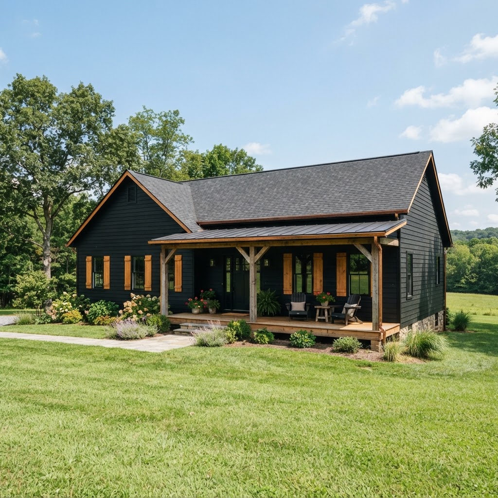 Black single-storey ranch house with warm wood shutters, a covered wooden porch with chairs, copper gutters and a wide green lawn