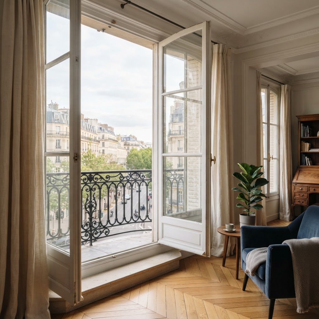 Tall inward-opening French casement windows with a wrought iron Juliet balcony in an elegant apartment