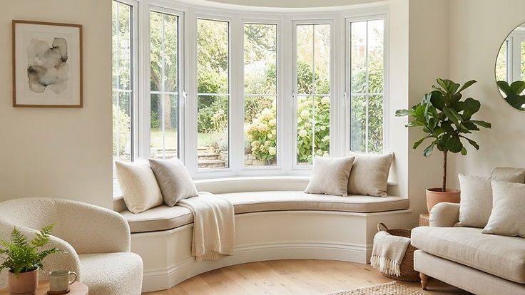 Bright living room with a gently curved bow window and a cushioned window seat