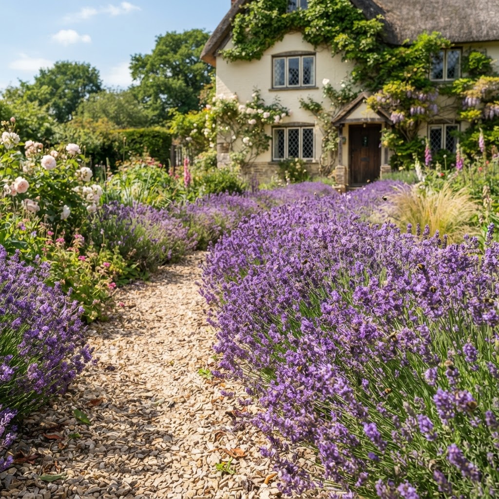 Lavender border lining a gravel path in full sun in front of a cream painted cottage covered in climbing roses