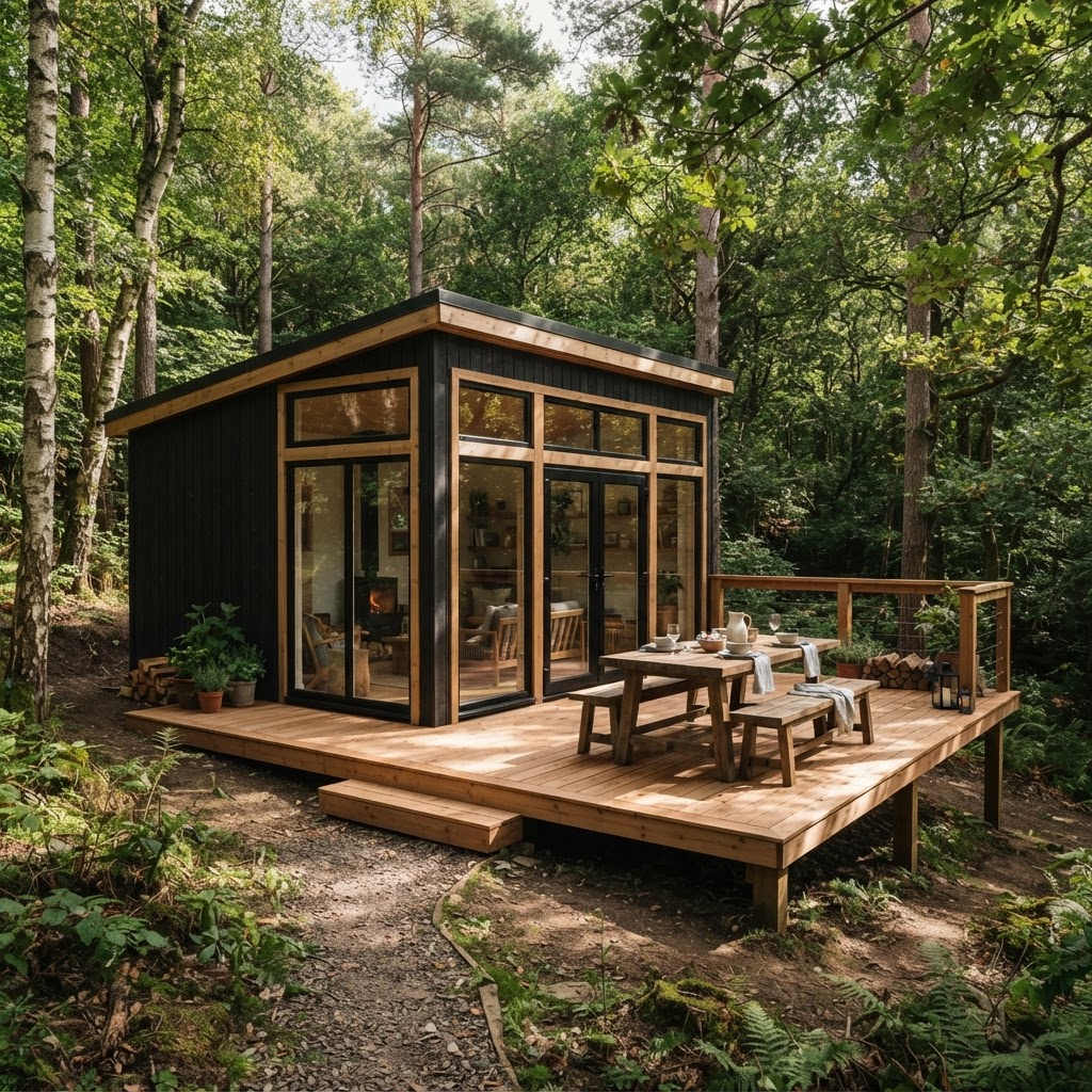 Small black cabin with large wood-framed windows and a generous wooden deck with a wooden dining table and benches, surrounded by forest