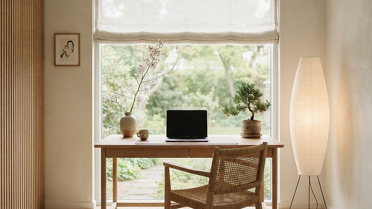 Japandi home office with a light oak desk facing a garden window with a linen blind, a woven rattan chair, a paper floor lamp, a slatted oak wall panel, a bonsai and a vase of blossom