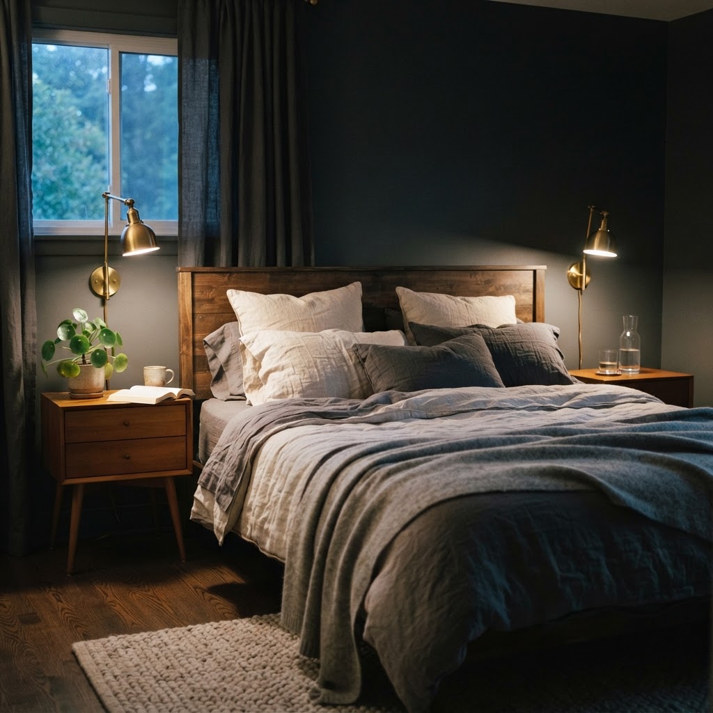 Calm bedroom with deep charcoal grey walls, warm wooden bedside tables, layered linen bedding in oatmeal and soft grey, glowing brass wall lights and a small plant