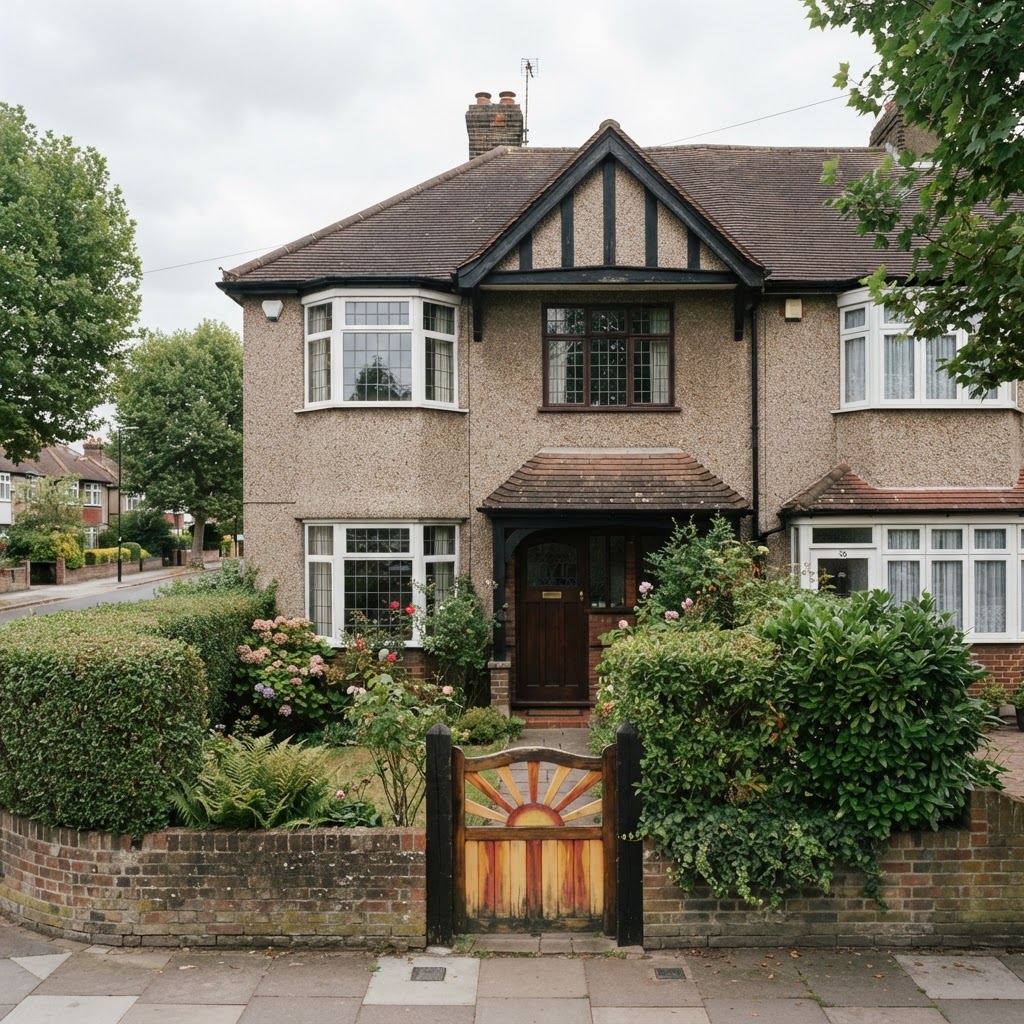 British 1920s semi-detached house with bay windows, a mock Tudor gable, pebbledash and a sunrise pattern gate