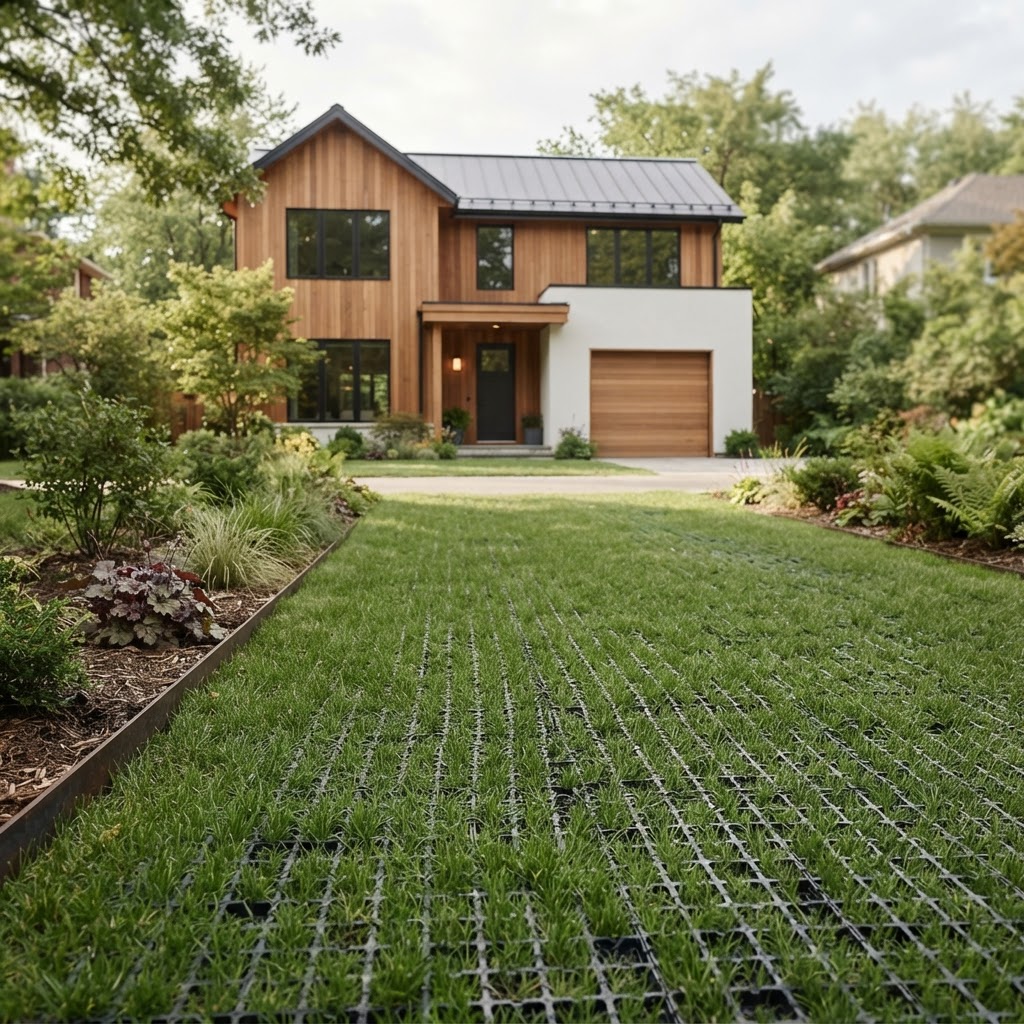 Grass grid driveway with grass growing through in front of a modern timber house