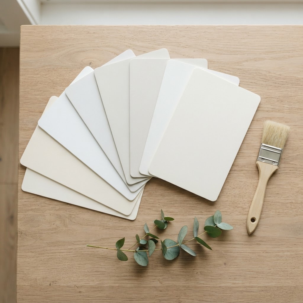 Fan of blank painted sample cards in warm, cool, greige and soft stone whites on a pale oak table, with a paintbrush and a sprig of eucalyptus