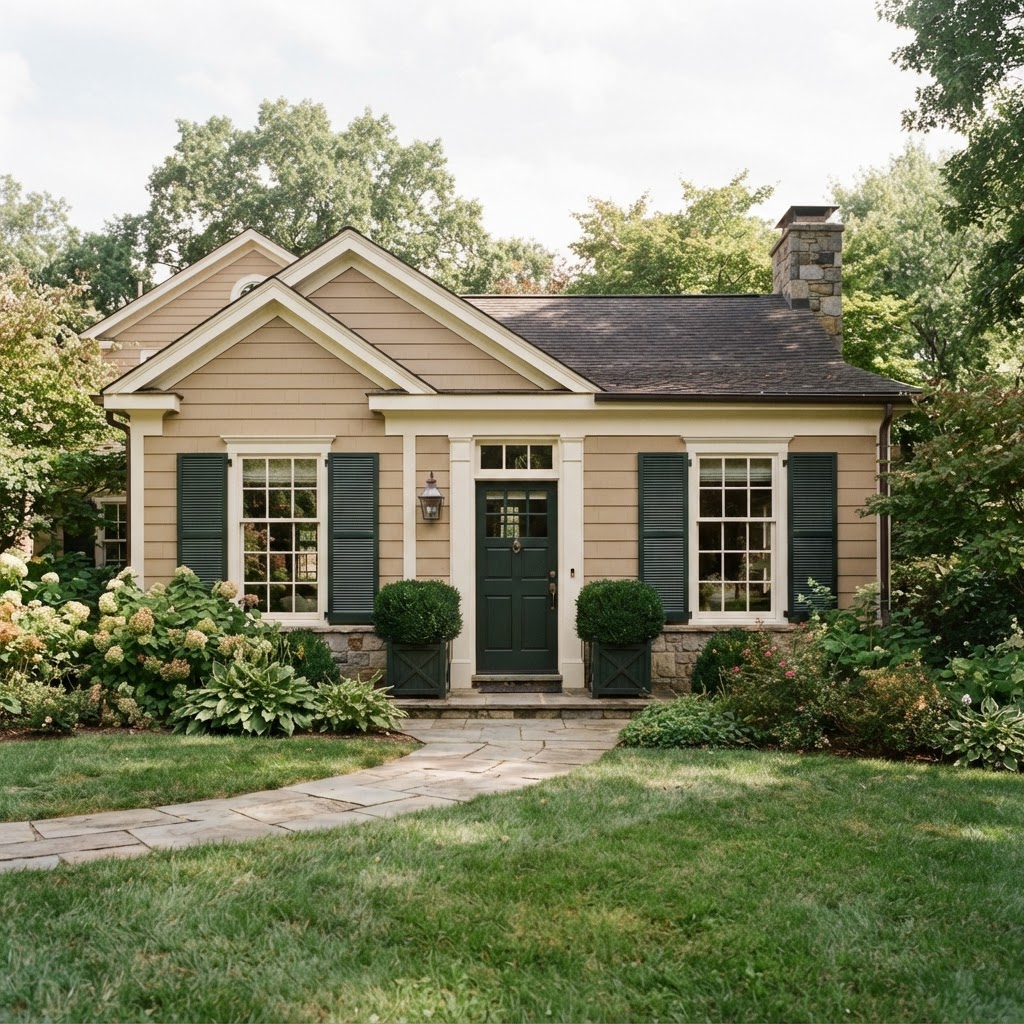Tan house with a matching dark green front door and window shutters, warm white trim and boxwood planters