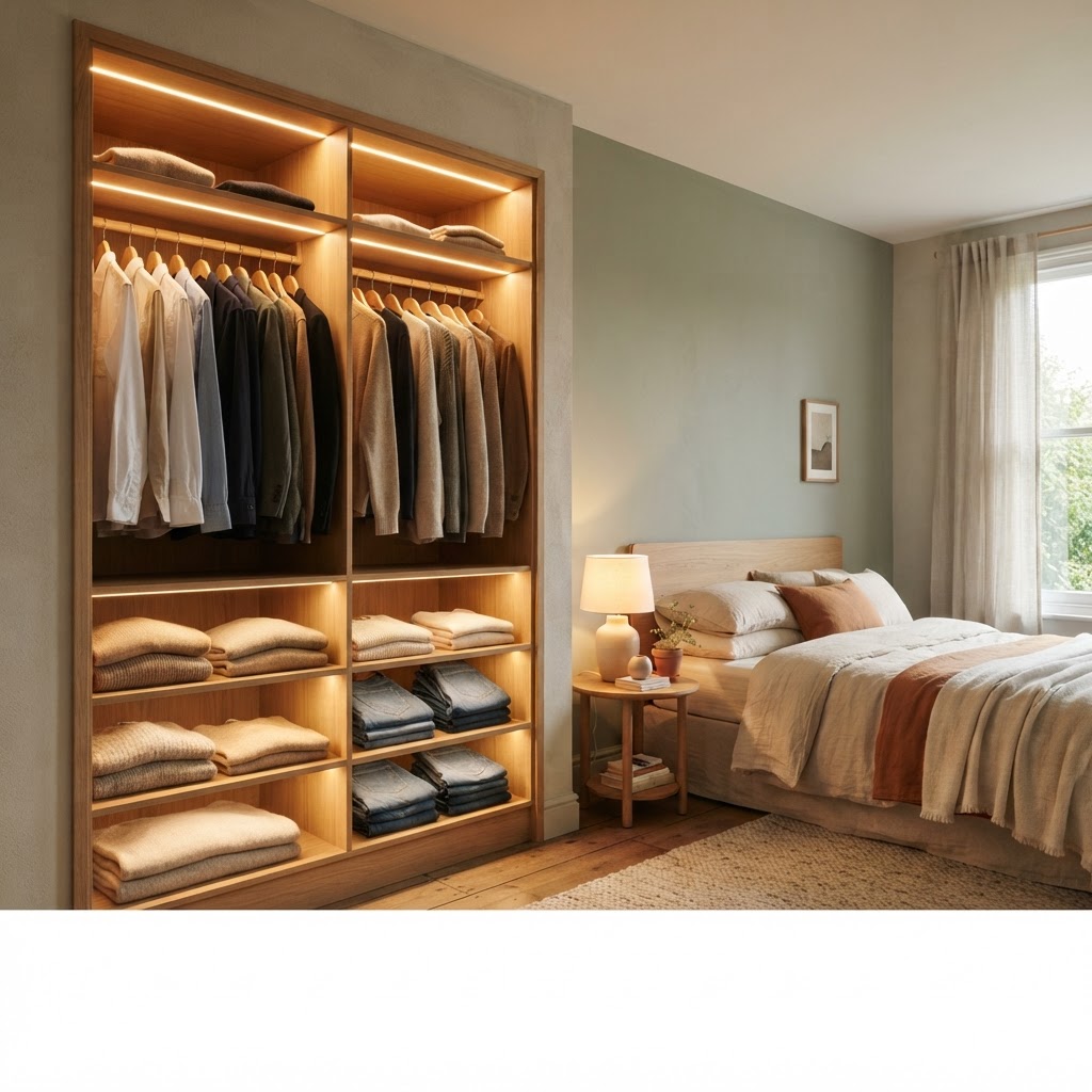 Open built-in wardrobe with warm LED lighting along the shelves and hanging rails in a calm bedroom