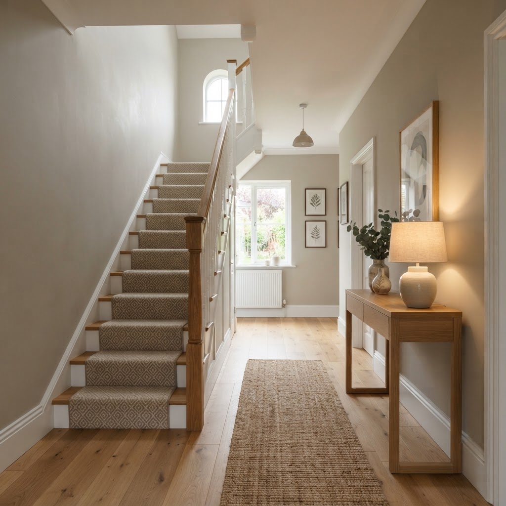 Hallway with light warm greige walls, white skirting and stair spindles, an oak handrail, a stair runner and a wooden console with a lamp