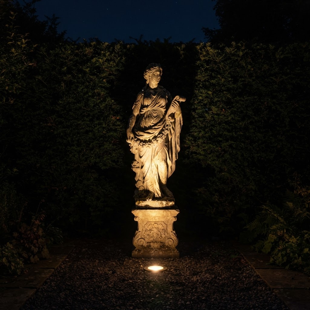 Classical garden statue lit by a warm uplighter at night against a dark hedge