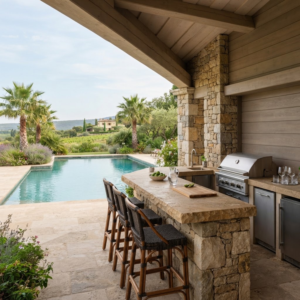 Pool house outdoor kitchen and bar with a stone counter, grill and bar stools facing a swimming pool