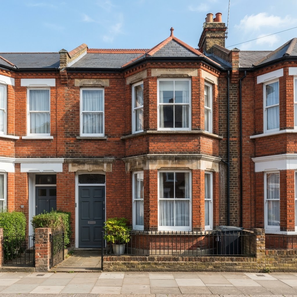 Victorian red brick terraced houses with two-storey bay windows of sash windows