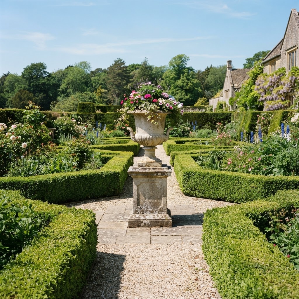 Classical stone urn on a plinth in the centre of a formal garden with clipped box hedges