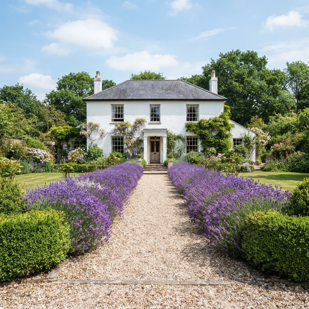 Gravel driveway lined with lavender and low box hedging leading to a white house