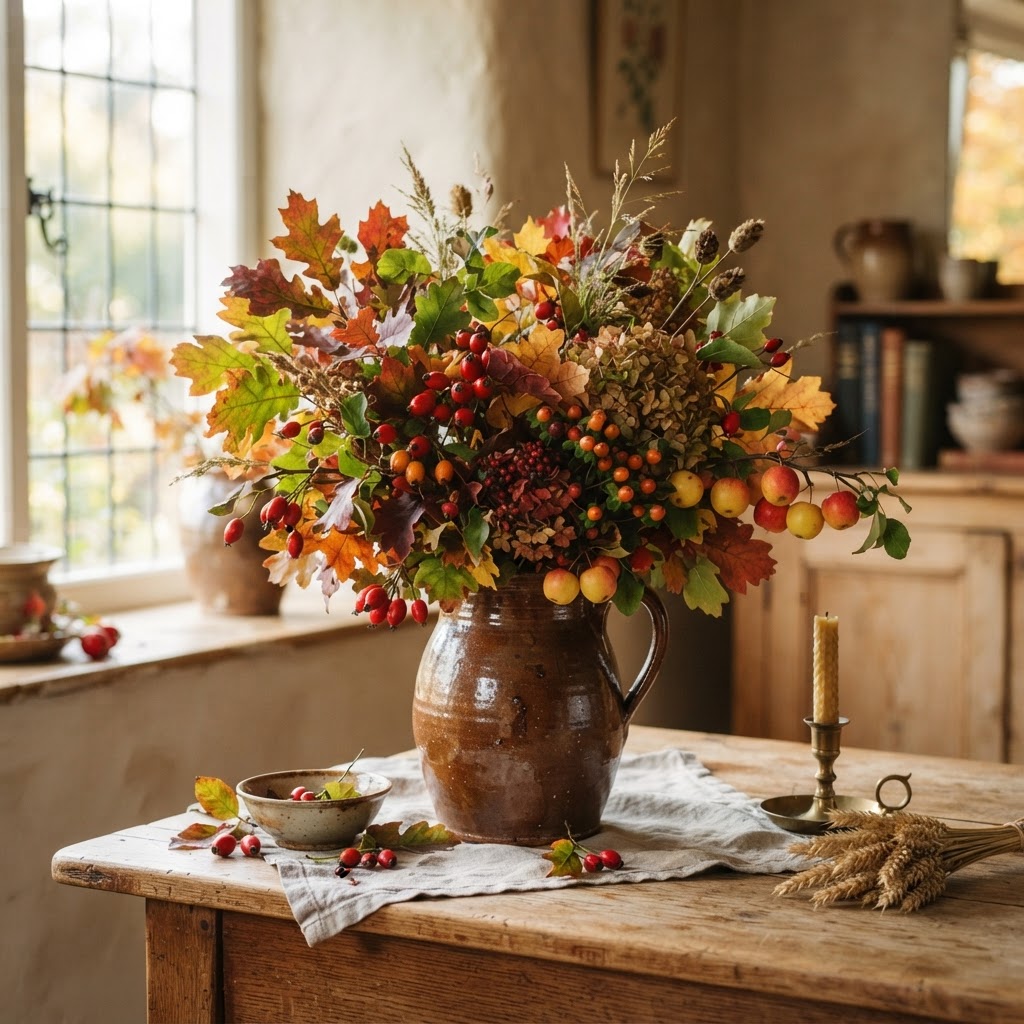 Arrangement of autumn foliage with rosehips, crab apples and hypericum berries in a rustic jug