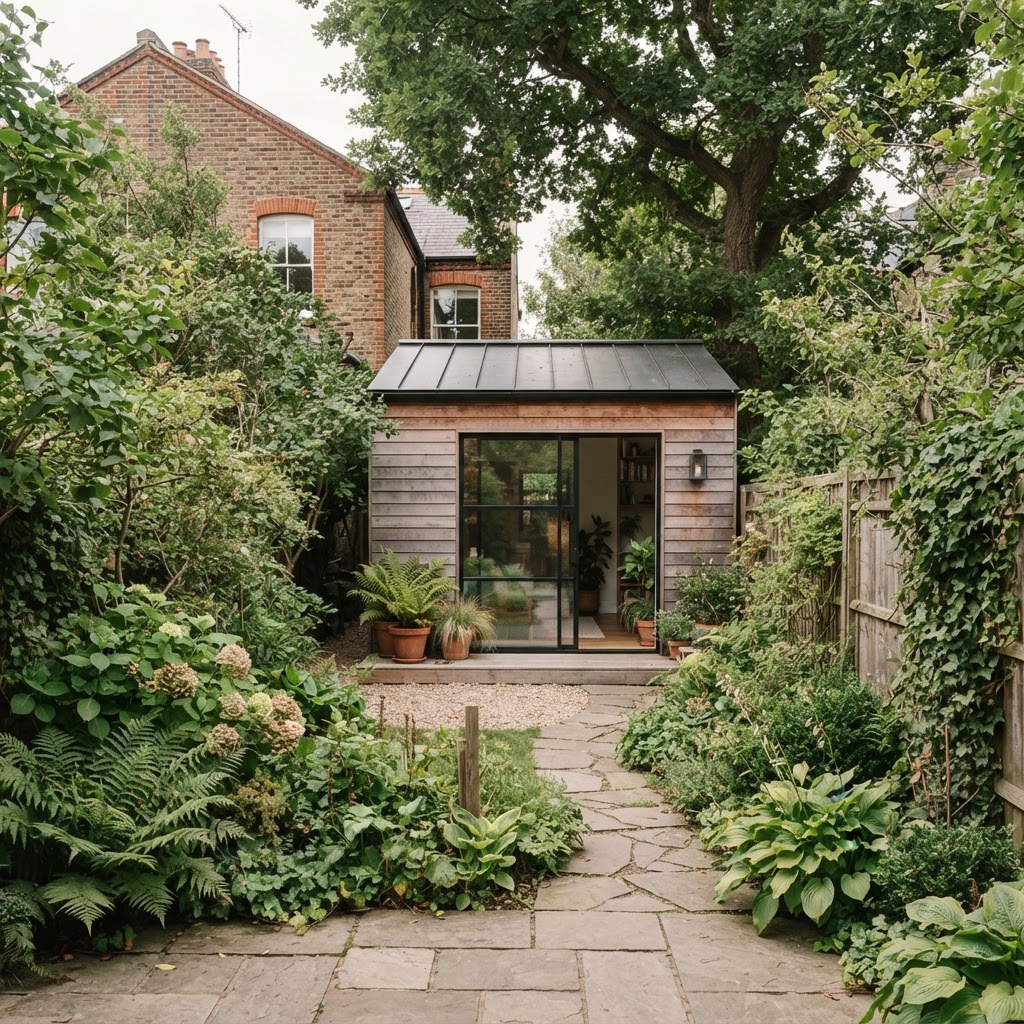 Small timber-clad backyard cottage with a glass door in a leafy city garden behind a brick house