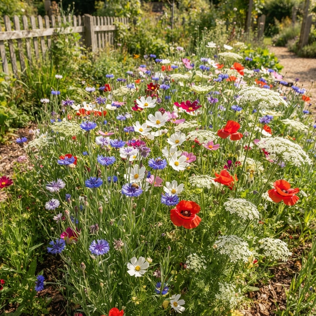 Small cutting patch of cornflowers, cosmos, poppies and ammi in a sunny garden