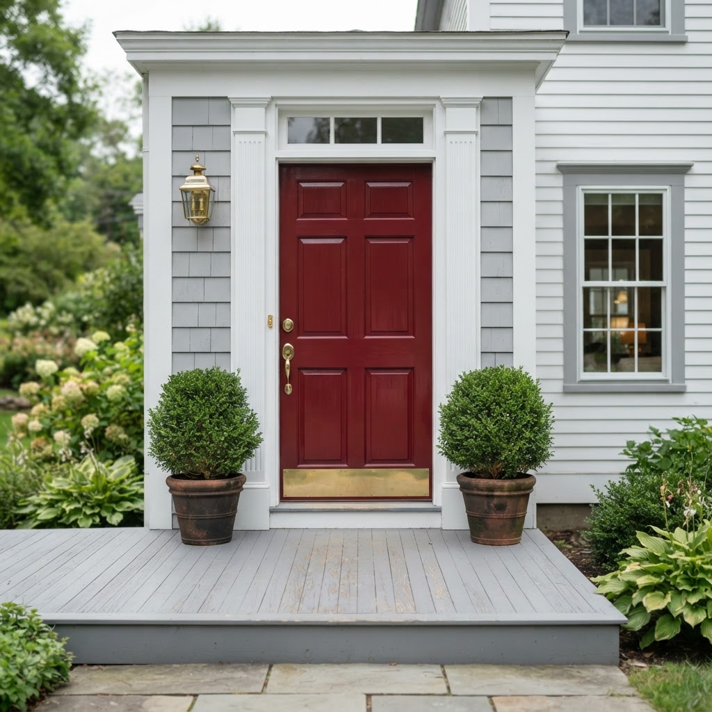 Front entrance with pale gray siding, white trim and a glossy deep red front door with brass hardware, a brass lantern, potted topiaries either side and a gray painted porch floor