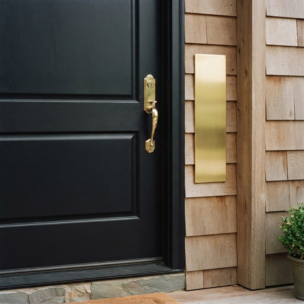 Close-up of a satin black front door with a brass handle and brass plaque against tan siding
