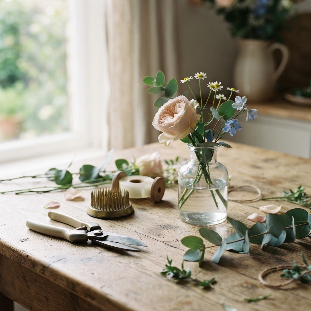 Flower arranging tools on a wooden table: scissors, a flower frog, a roll of clear tape, a small vase and a few loose stems