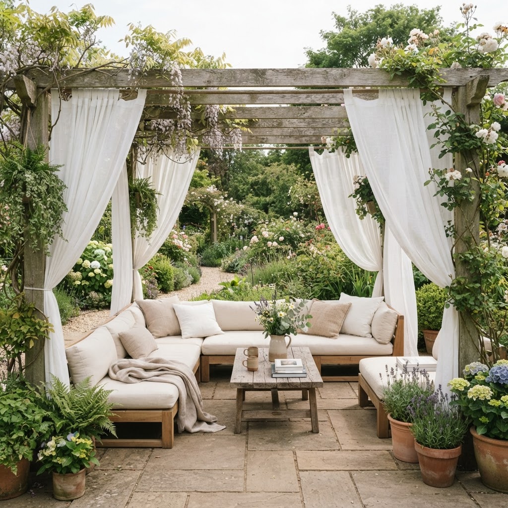 Pergola with flowing white outdoor curtains around an outdoor lounge