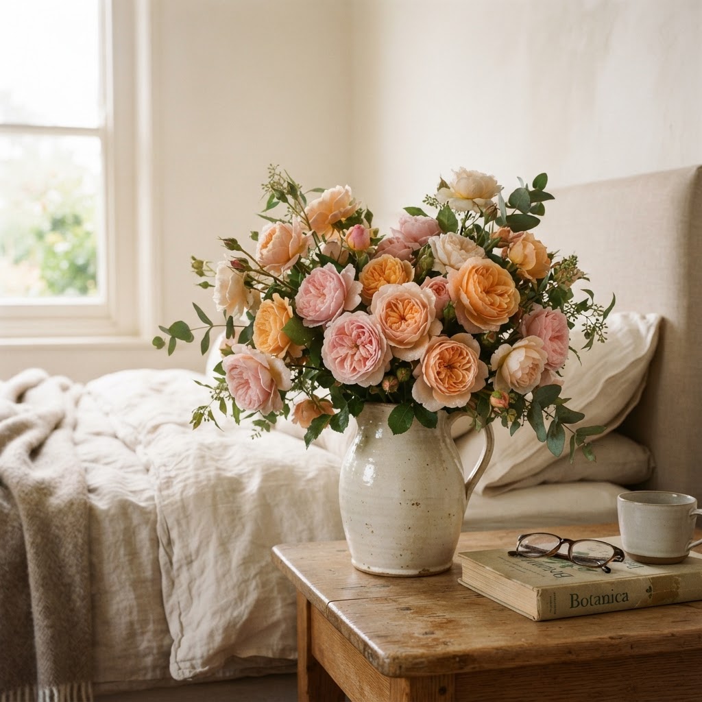 Jug of fragrant garden roses in pink, apricot and cream on a bedside table