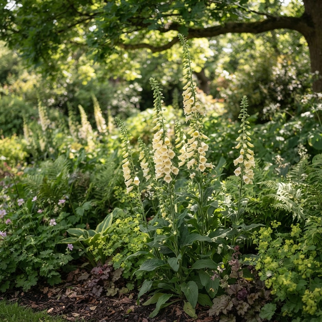 Pale yellow perennial foxglove flowers in a lightly shaded border