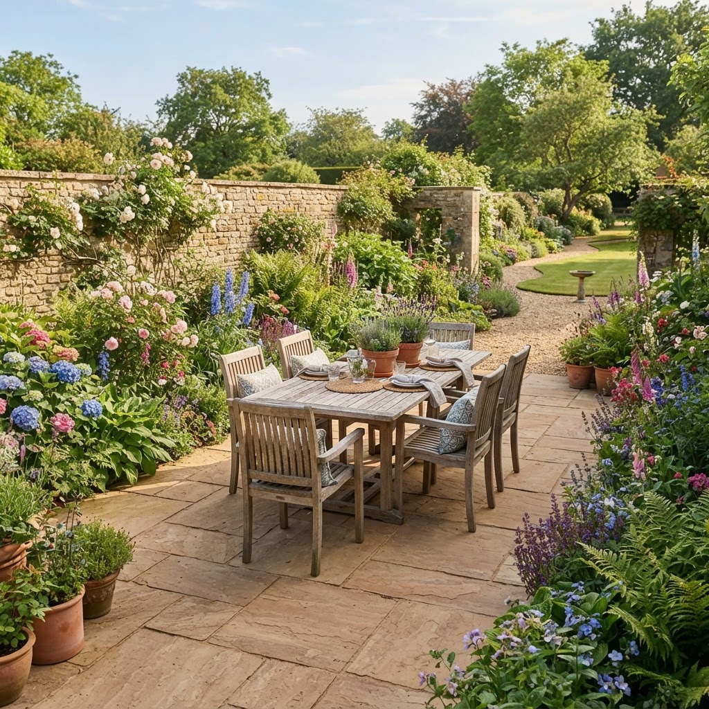 Sandstone patio with an outdoor dining table and chairs surrounded by planted borders