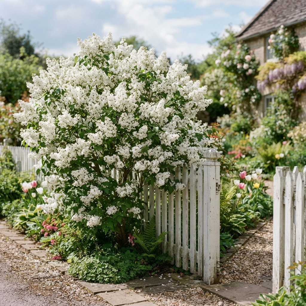 White lilac bush in full bloom beside a white picket fence in spring