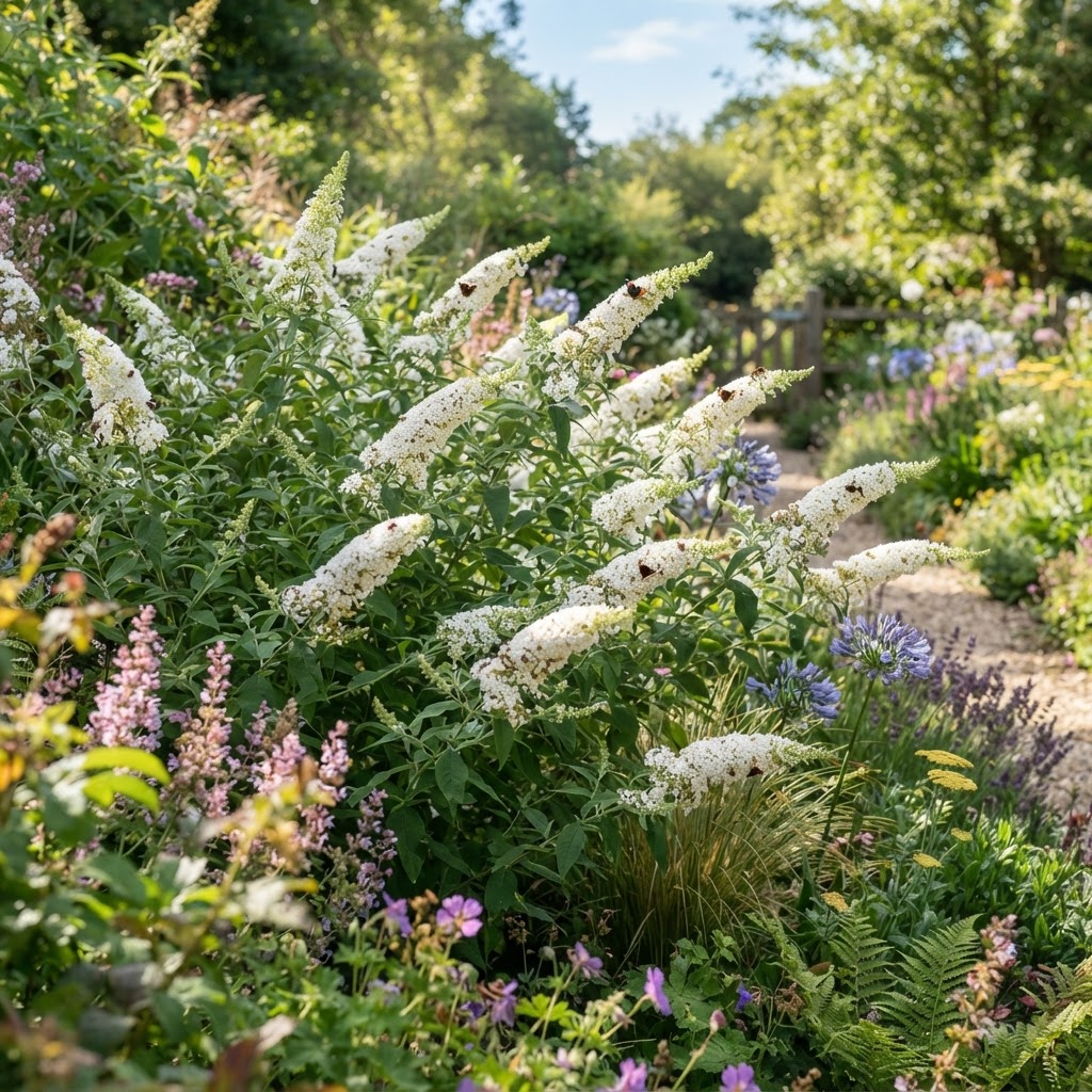 Long pure white butterfly bush flower spikes in a summer garden