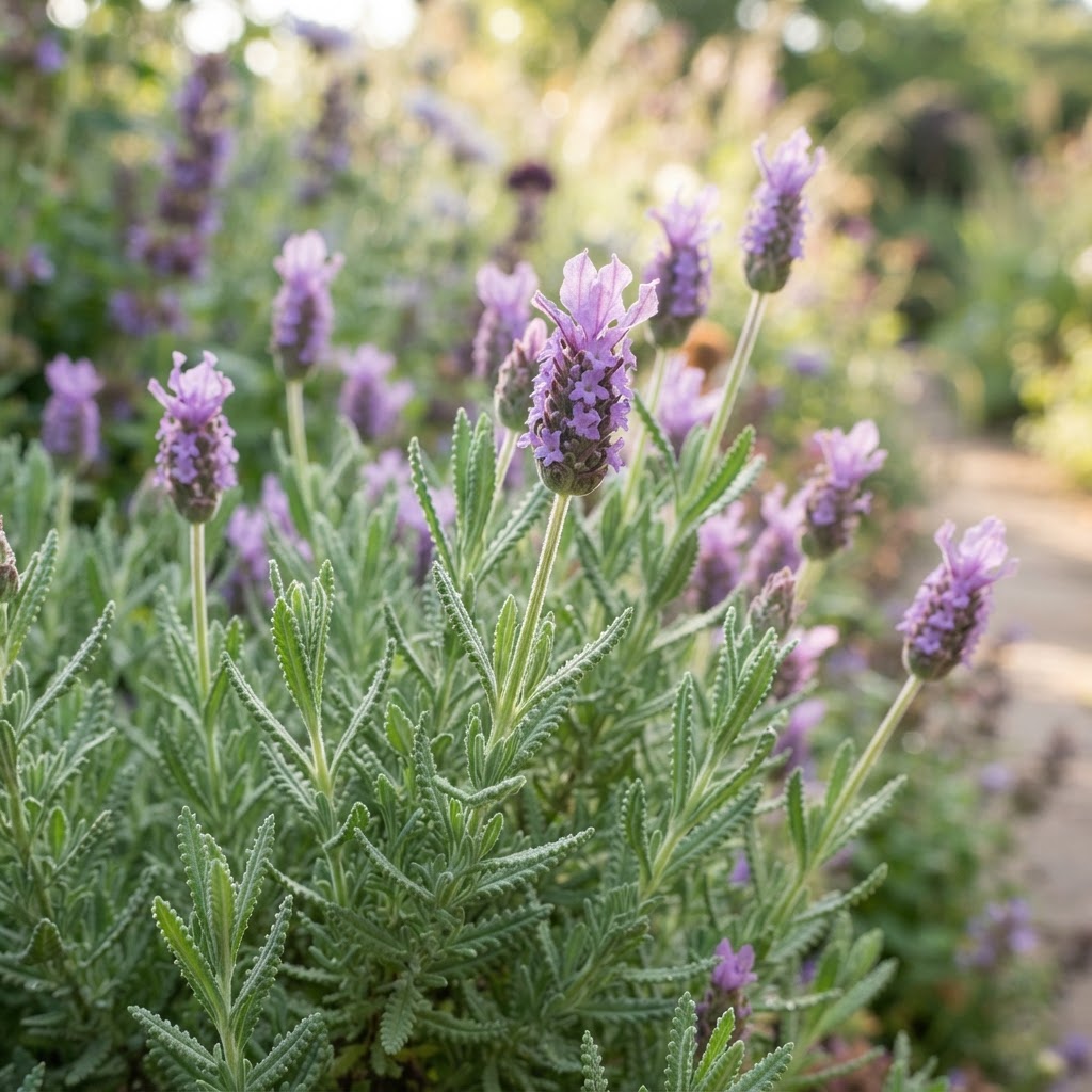 Fringed lavender with soft lilac flower heads and finely toothed grey green leaves