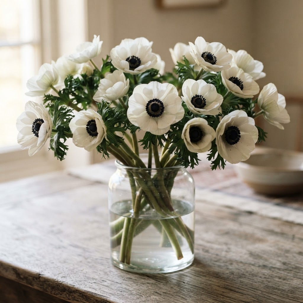 White panda anemones with striking black centres in a glass vase