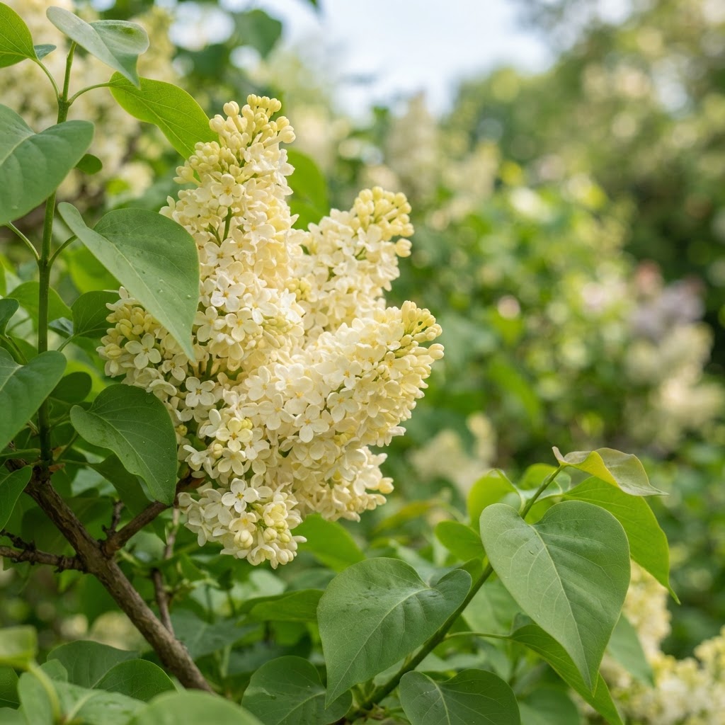 Close-up of pale creamy yellow lilac flower clusters with fresh green leaves