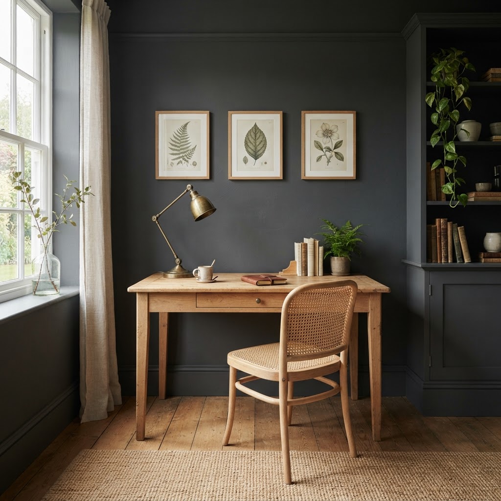 Home office with deep graphite gray walls and built-in shelving, a light oak desk, a cane chair, a brass desk lamp and framed botanical prints