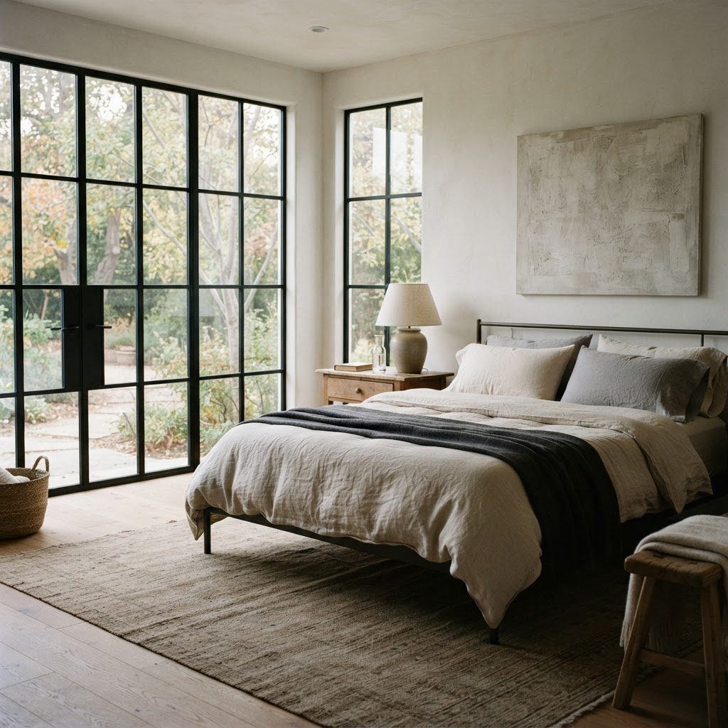 Calm bedroom with tall black grid windows and linen bedding