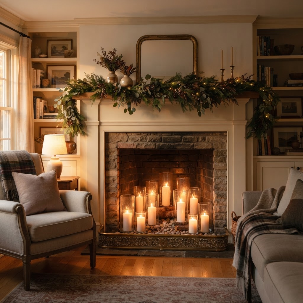 Unused fireplace filled with pillar candles of different heights in glass hurricanes with a greenery garland on the mantel above