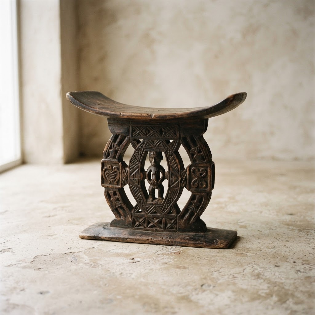 Traditional carved wooden West African stool with a curved seat and an openwork central support