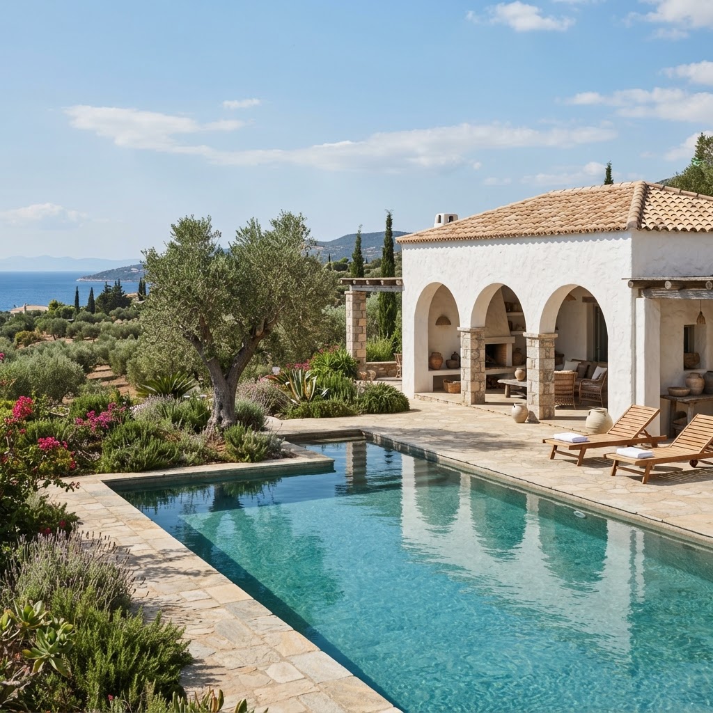 Mediterranean style white rendered pool house with terracotta roof tiles, arches and olive trees beside a pool