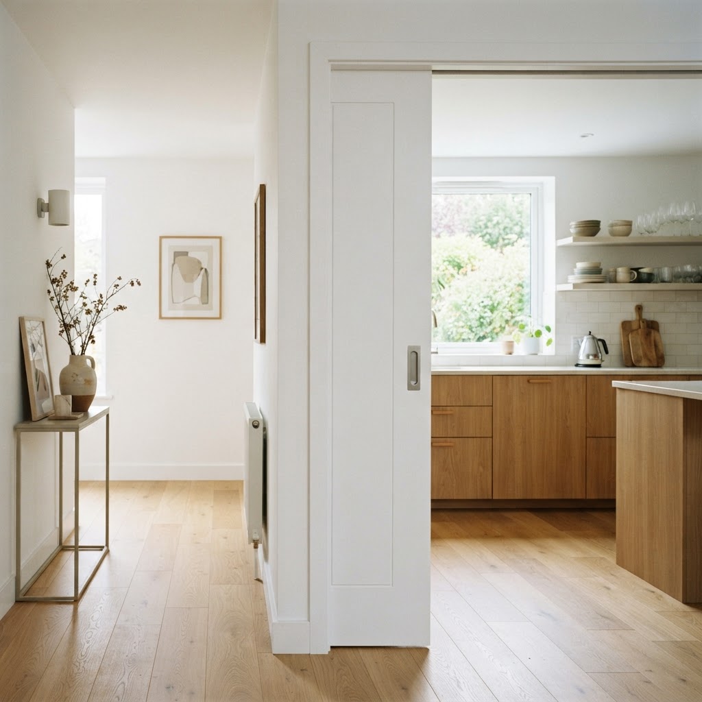 White flush pocket door half open between a hallway and a bright kitchen