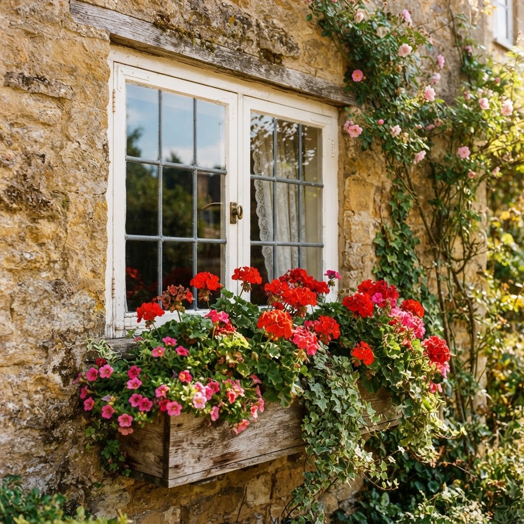 Cottage window with a window box of red geraniums against a stone wall